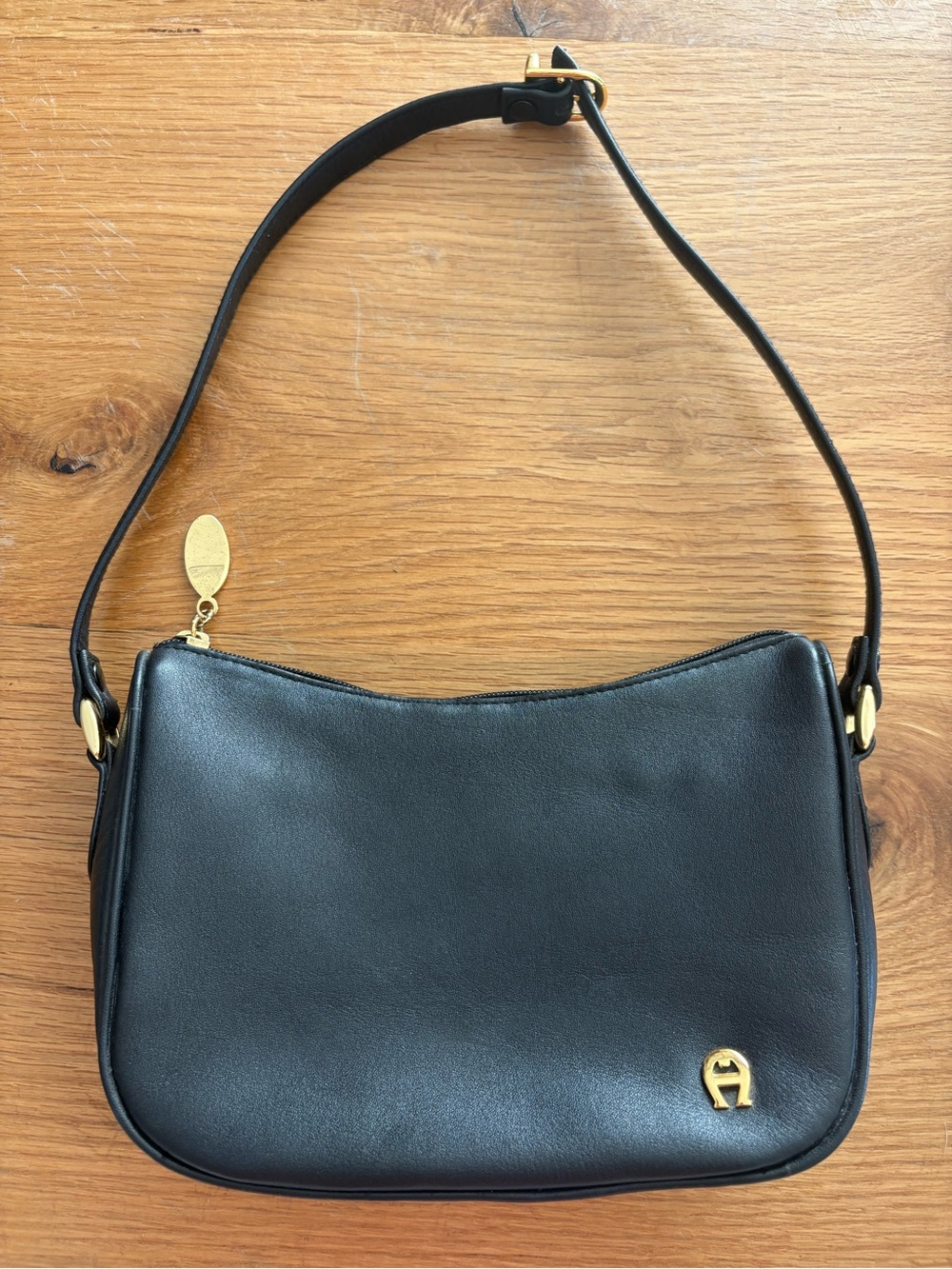 Etienne Aigner Black Leather Shoulder Bag with Gold Hardware